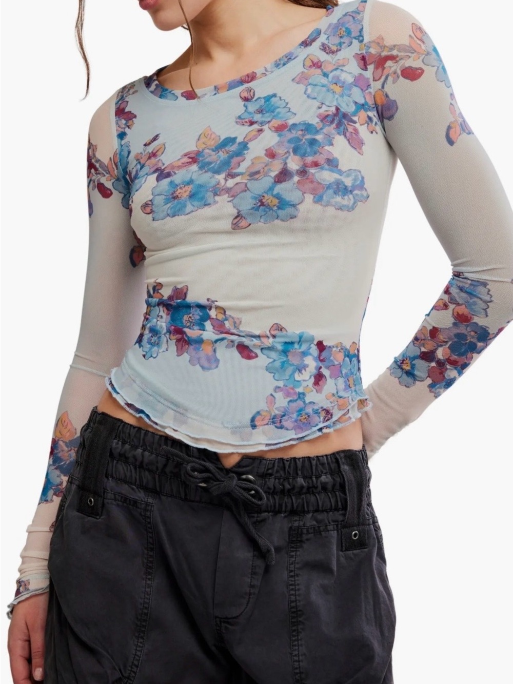 Free People Sheer Blue Floral Long-Sleeve Mesh Top